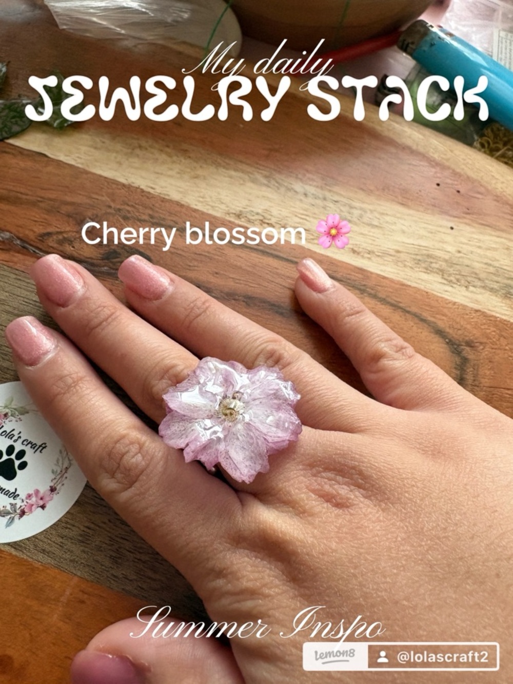 Handmade Cherry Blossom Flower Resin Ring in Light Pink